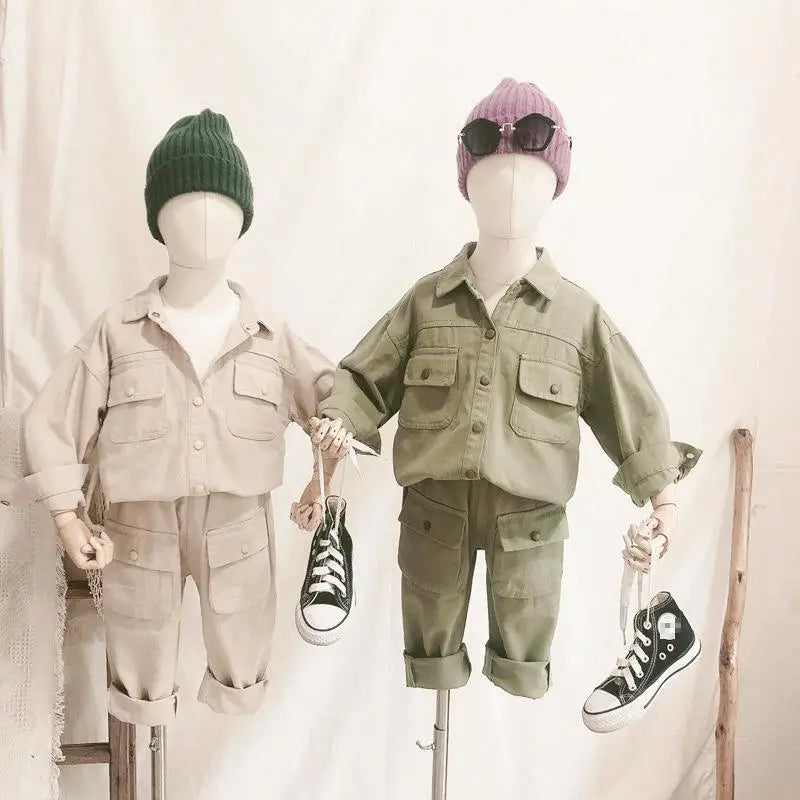 長袖セットアップ キッズセットアップ 2点セット 長袖サファリシャツ+ロングカーゴパンツ【mh0008572】