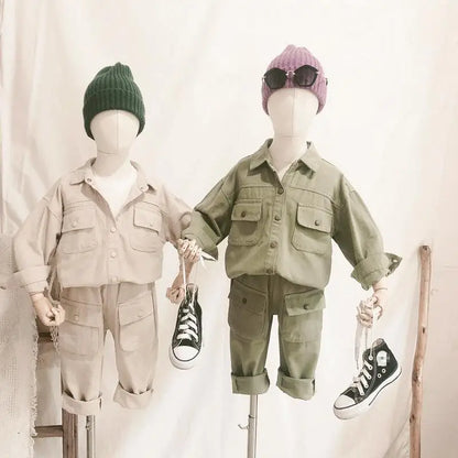 長袖セットアップ キッズセットアップ 2点セット 長袖サファリシャツ+ロングカーゴパンツ【mh0008572】