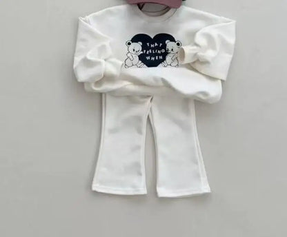 長袖セットアップ キッズセットアップ 2点セット ベアくまハートプリント長袖スウェットシャツ+フレアロングパンツ【mh0008587】