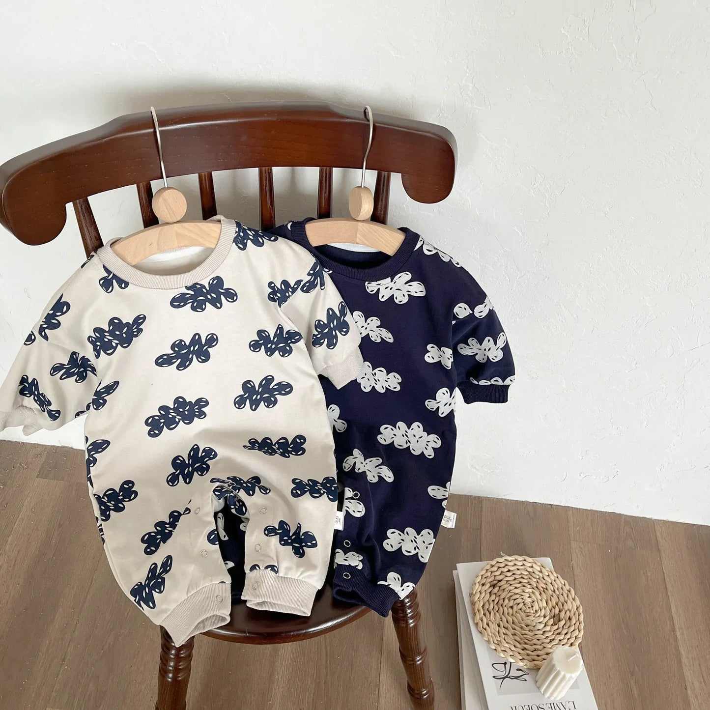 長袖セットアップ ベビーセットアップ 2点セット/ジャンプスーツ クラウド雲プリントハーフジップスウェットシャツ+スウェットパンツ/長袖ロンパース【mh0008620】