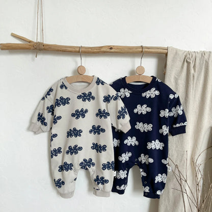 長袖セットアップ ベビーセットアップ 2点セット/ジャンプスーツ クラウド雲プリントハーフジップスウェットシャツ+スウェットパンツ/長袖ロンパース【mh0008620】