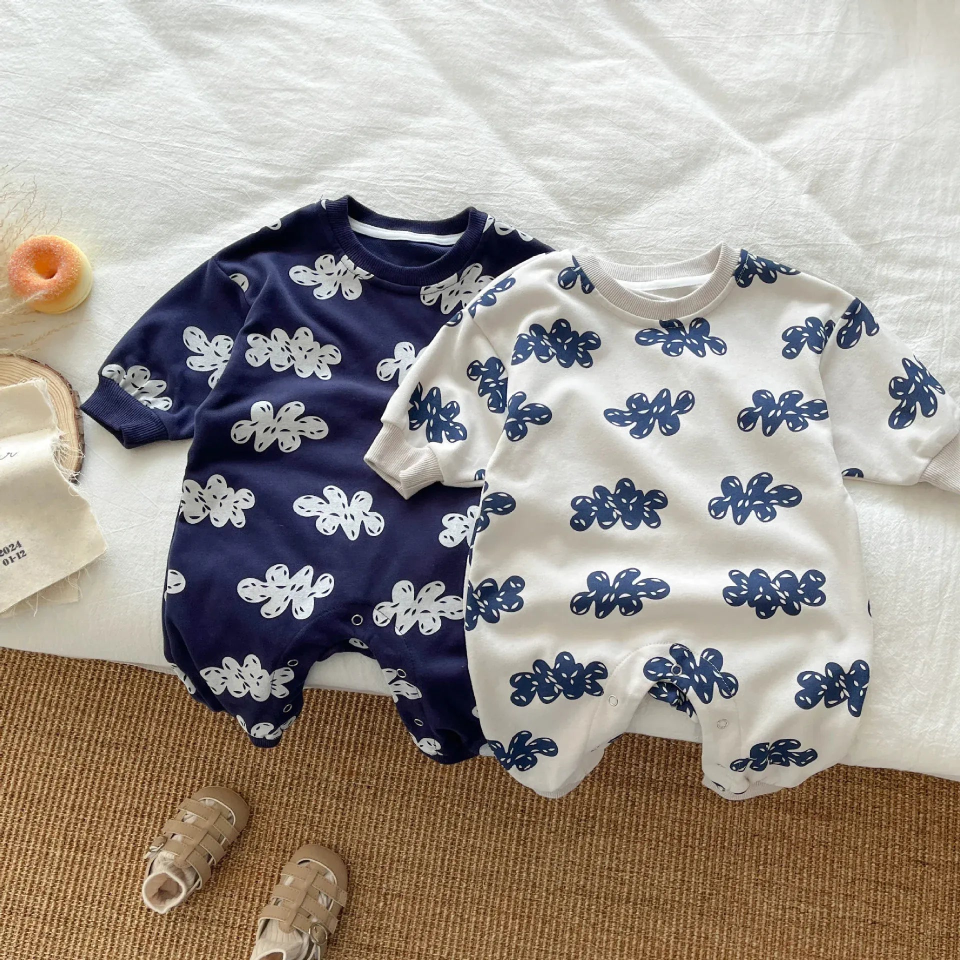 長袖セットアップ ベビーセットアップ 2点セット/ジャンプスーツ クラウド雲プリントハーフジップスウェットシャツ+スウェットパンツ/長袖ロンパース【mh0008620】