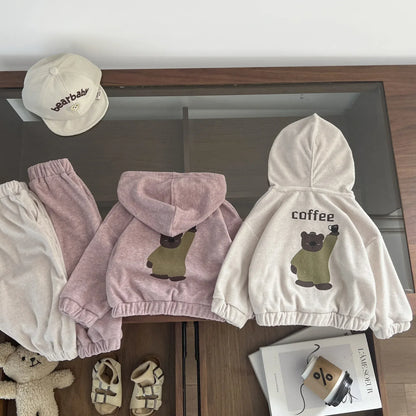長袖セットアップ ベビーキッズセットアップ 2点セット ベアくまワンポイントジップアップ長袖スウェットフーディジャケット+ロングスウェットパンツ【mh0008702】