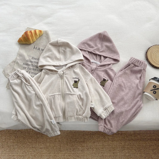 長袖セットアップ ベビーキッズセットアップ 2点セット ベアくまワンポイントジップアップ長袖スウェットフーディジャケット+ロングスウェットパンツ【mh0008702】