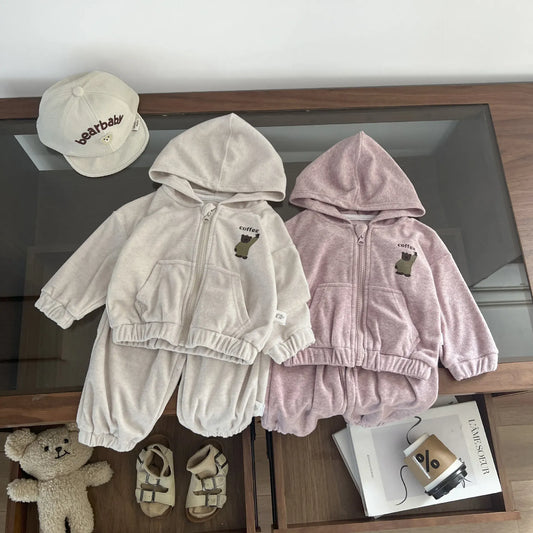 長袖セットアップ ベビーキッズセットアップ 2点セット ベアくまワンポイントジップアップ長袖スウェットフーディジャケット+ロングスウェットパンツ【mh0008702】