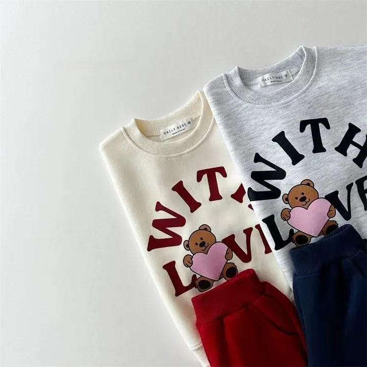 長袖セットアップ キッズセットアップ 2点セット ハートベアプリント長袖スウェットシャツ+ロングスウェットパンツ【mh0008791】