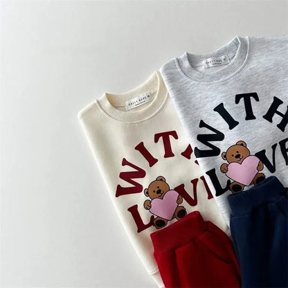 長袖セットアップ キッズセットアップ 2点セット ハートベアプリント長袖スウェットシャツ+ロングスウェットパンツ【mh0008791】