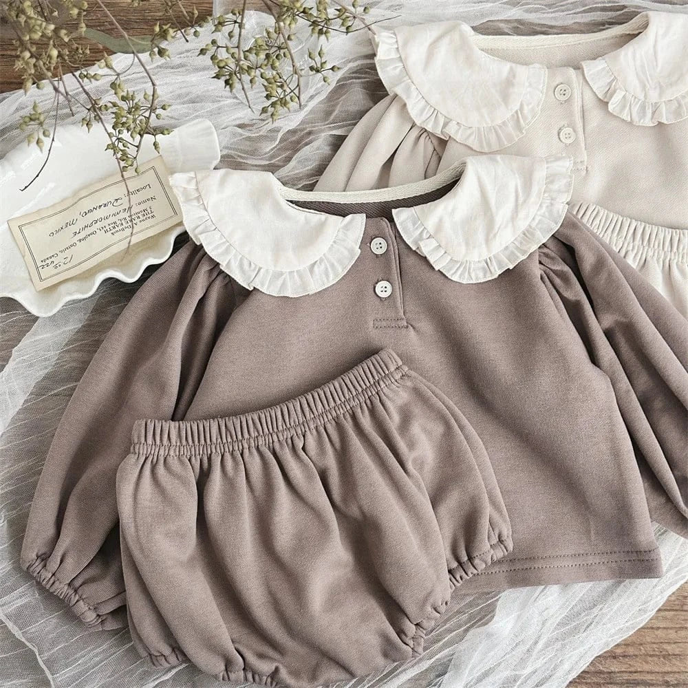 長袖セットアップ ベビーセットアップ 2点セット フリル丸襟長袖パフスリーブブラウス+ブルマパンツ【mh0008847】
