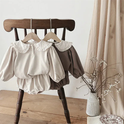 長袖セットアップ ベビーセットアップ 2点セット フリル丸襟長袖パフスリーブブラウス+ブルマパンツ【mh0008847】