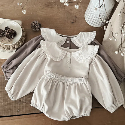 長袖セットアップ ベビーセットアップ 2点セット フリル丸襟長袖パフスリーブブラウス+ブルマパンツ【mh0008847】