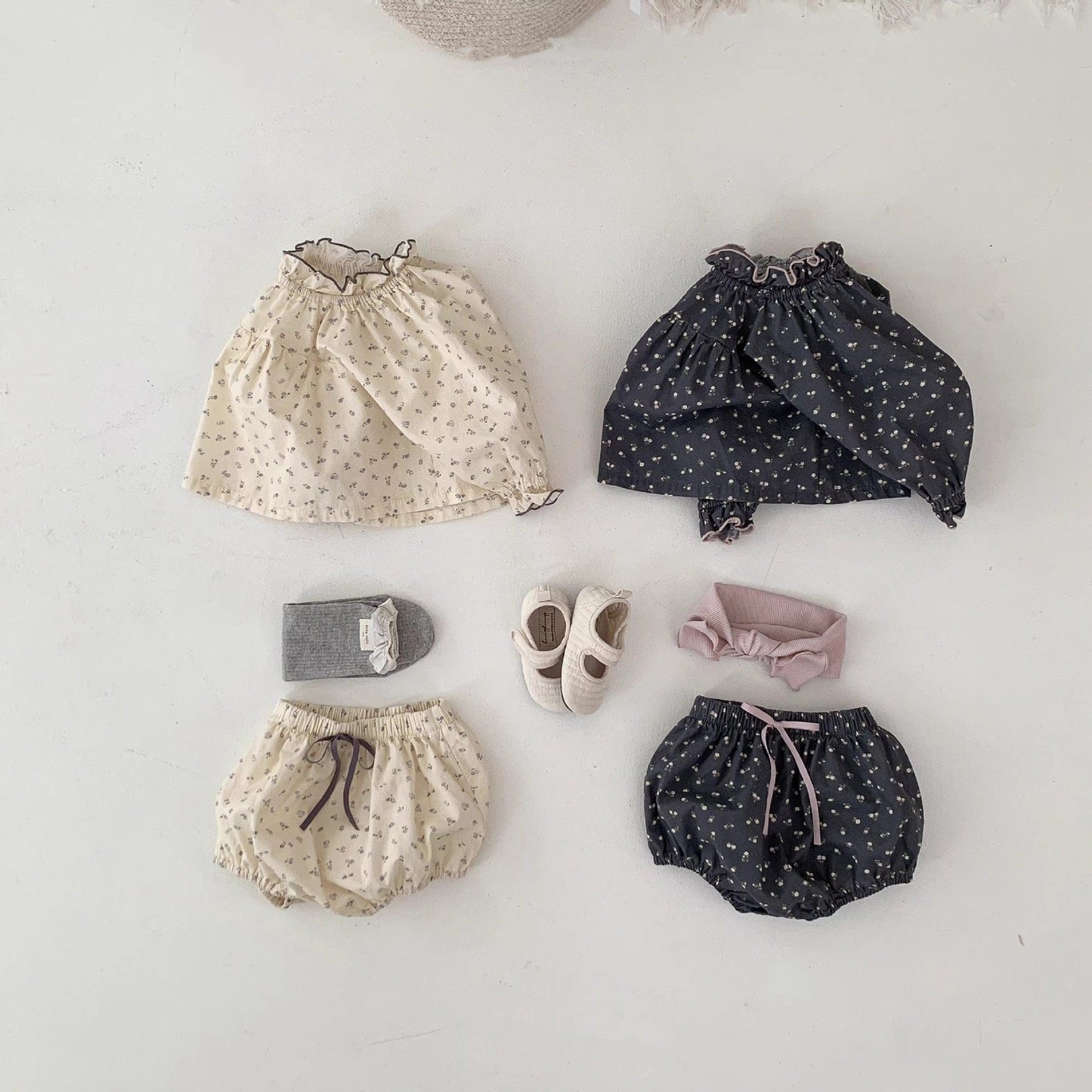 長袖セットアップ ベビーセットアップ 2点セット フラワー小花柄プリント長袖チュニックブラウス+ブルマパンツ【mh0009157】