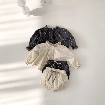 長袖セットアップ ベビーセットアップ 2点セット フラワー小花柄プリント長袖チュニックブラウス+ブルマパンツ【mh0009157】