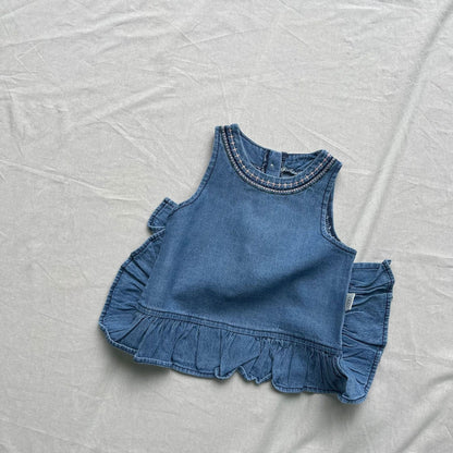 ノースリーブセットアップ ベビーセットアップ 2点セット デニムペプラムフリルノースリーブタンクブラウス+ブルマパンツ【mh0009176】