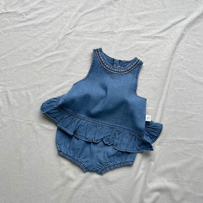 ノースリーブセットアップ ベビーセットアップ 2点セット デニムペプラムフリルノースリーブタンクブラウス+ブルマパンツ【mh0009176】