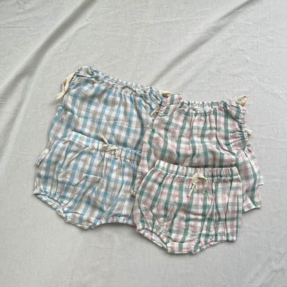 ノースリーブセットアップ チェック柄サマーセットアップ 2点セット ノースリーブブラウス+ブルマパンツ【mh0009278】