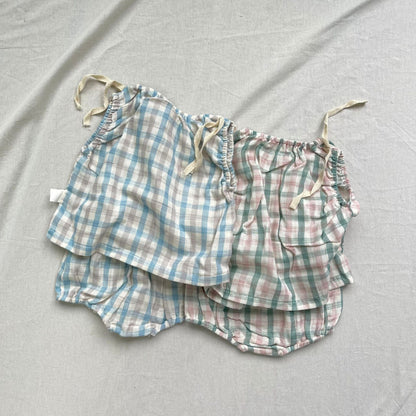ノースリーブセットアップ チェック柄サマーセットアップ 2点セット ノースリーブブラウス+ブルマパンツ【mh0009278】