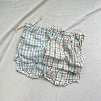 ノースリーブセットアップ チェック柄サマーセットアップ 2点セット ノースリーブブラウス+ブルマパンツ【mh0009278】