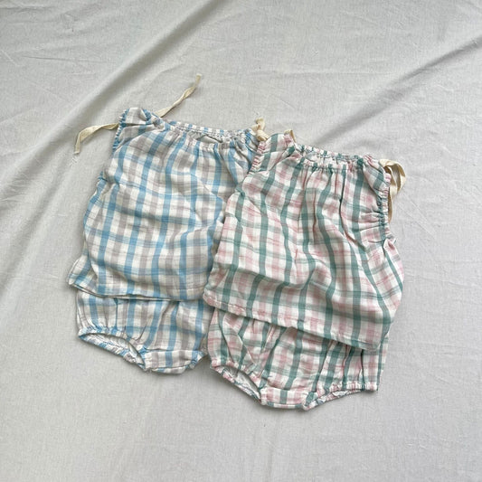 ノースリーブセットアップ チェック柄サマーセットアップ 2点セット ノースリーブブラウス+ブルマパンツ【mh0009278】