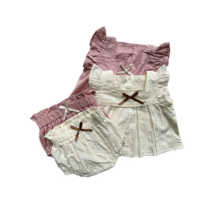 ノースリーブセットアップ レースフリル半袖チュニックブラウス+ブルマパンツセットアップ 2点セット【mh0009429】