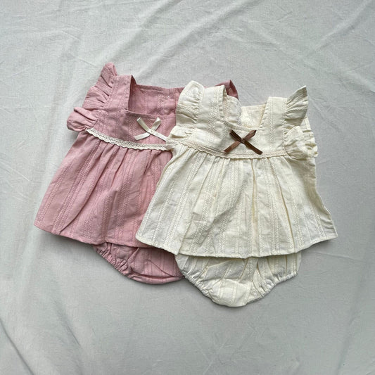 ノースリーブセットアップ レースフリル半袖チュニックブラウス+ブルマパンツセットアップ 2点セット【mh0009429】