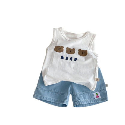 ノースリーブセットアップ ベアくまタンクトップ+デニムショートパンツセットアップ 2点セット【mh0009438】