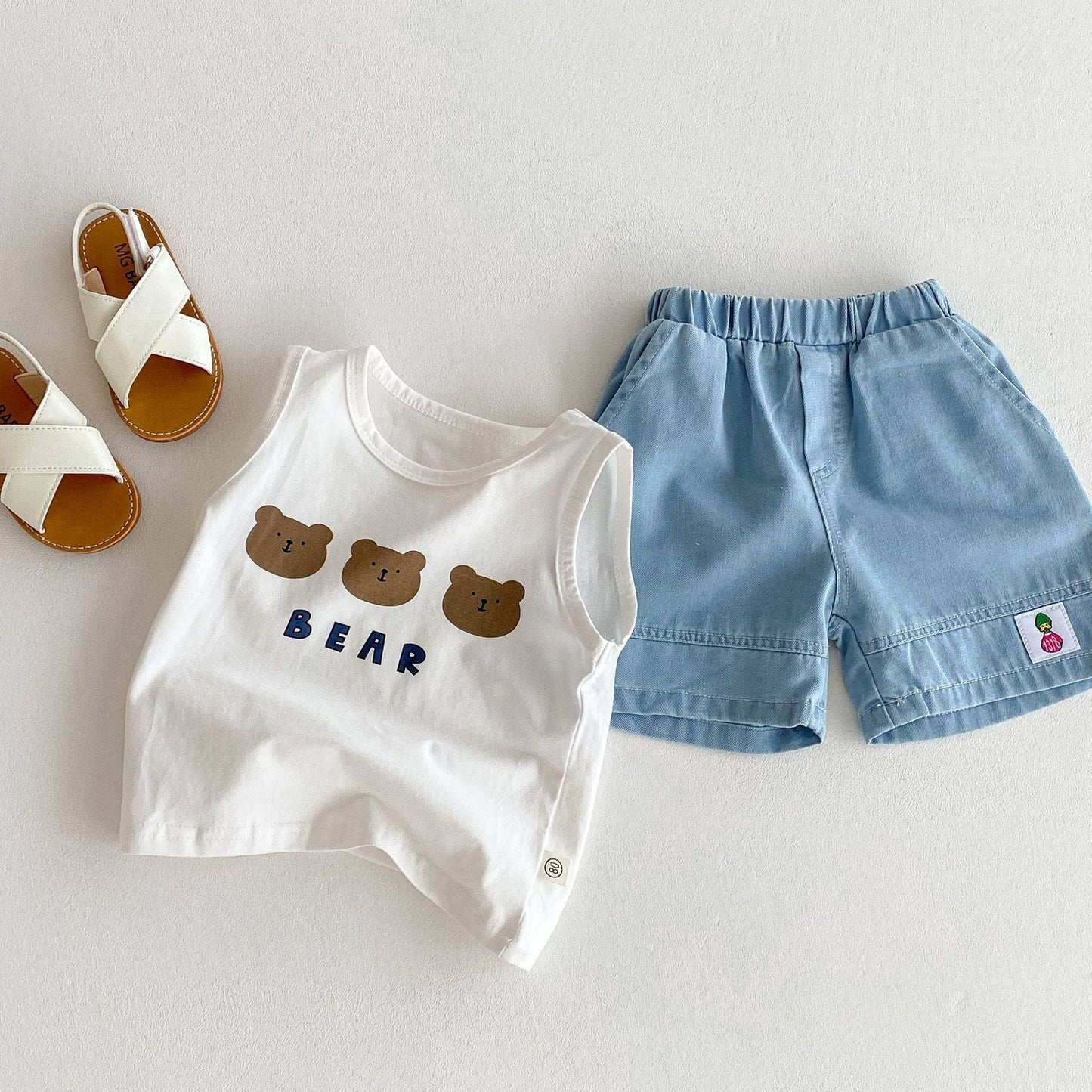 ノースリーブセットアップ ベアくまタンクトップ+デニムショートパンツセットアップ 2点セット【mh0009438】