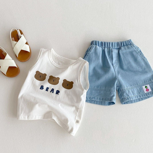 ノースリーブセットアップ ベアくまタンクトップ+デニムショートパンツセットアップ 2点セット【mh0009438】