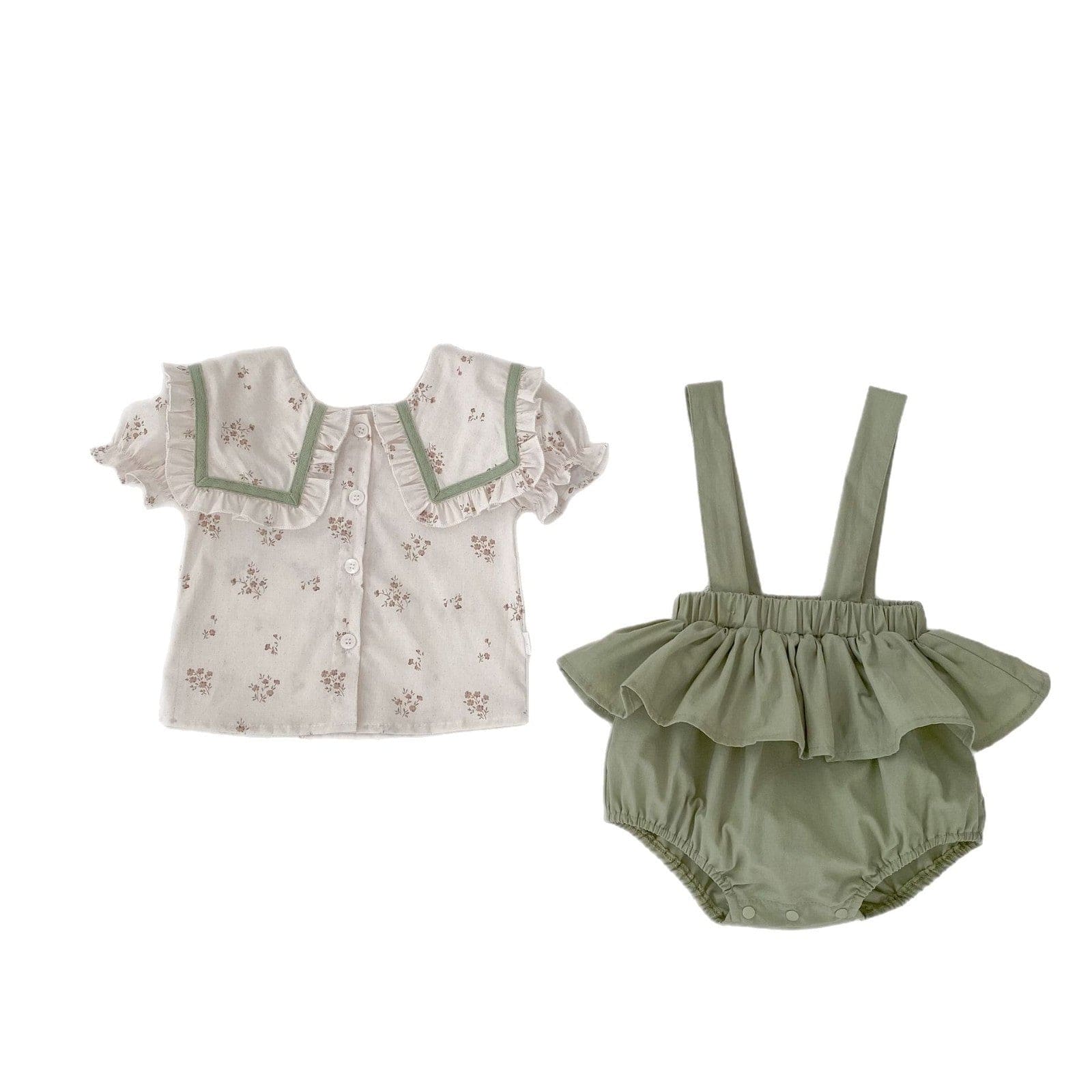 半袖セットアップ ビッグ襟半袖ブラウス+サスペンダーブルマセットアップ 2点セット【mh0009713】