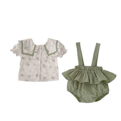 半袖セットアップ ビッグ襟半袖ブラウス+サスペンダーブルマセットアップ 2点セット【mh0009713】