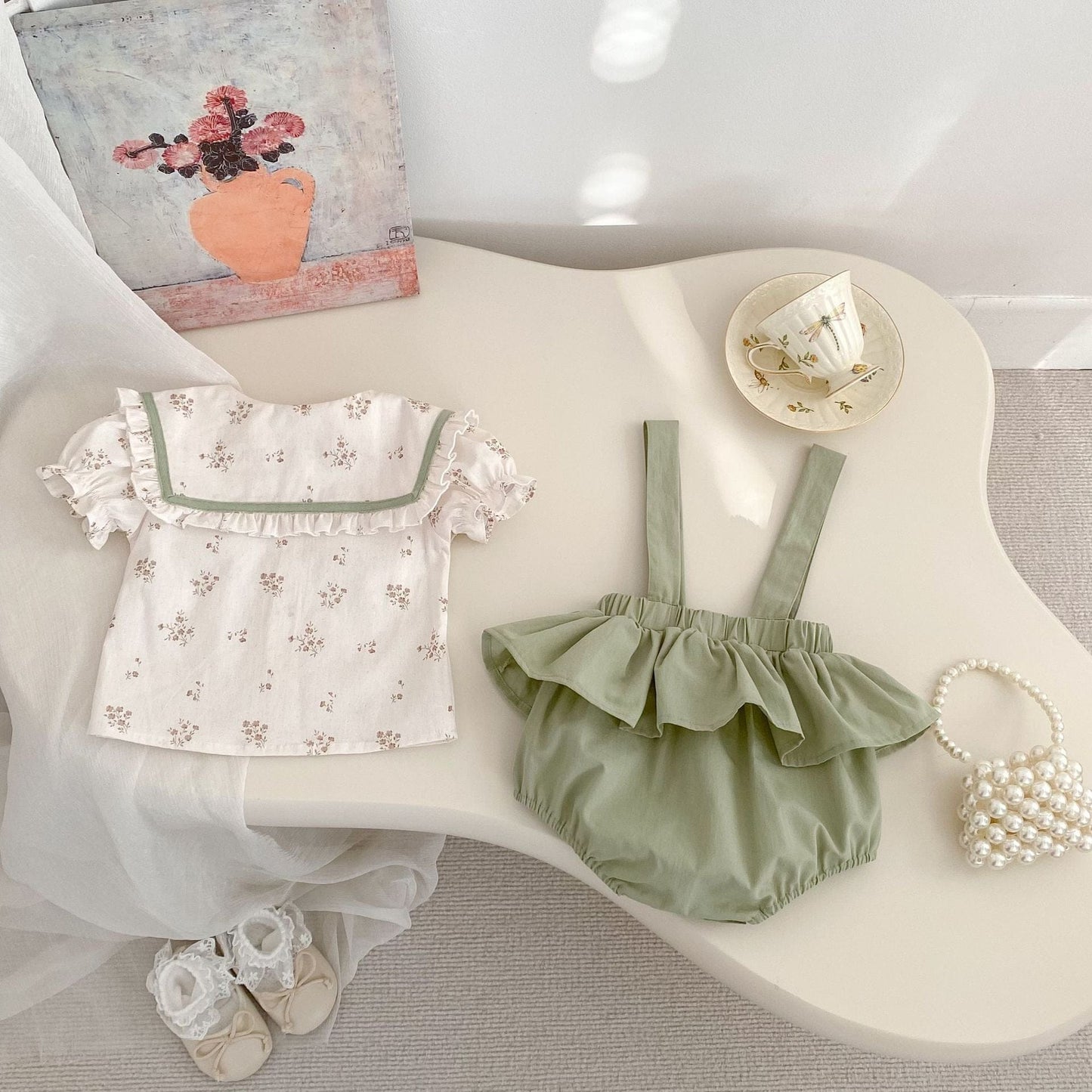 半袖セットアップ ビッグ襟半袖ブラウス+サスペンダーブルマセットアップ 2点セット【mh0009713】