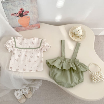 半袖セットアップ ビッグ襟半袖ブラウス+サスペンダーブルマセットアップ 2点セット【mh0009713】