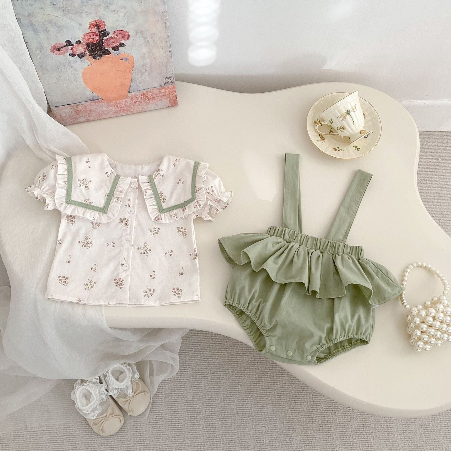 半袖セットアップ ビッグ襟半袖ブラウス+サスペンダーブルマセットアップ 2点セット【mh0009713】