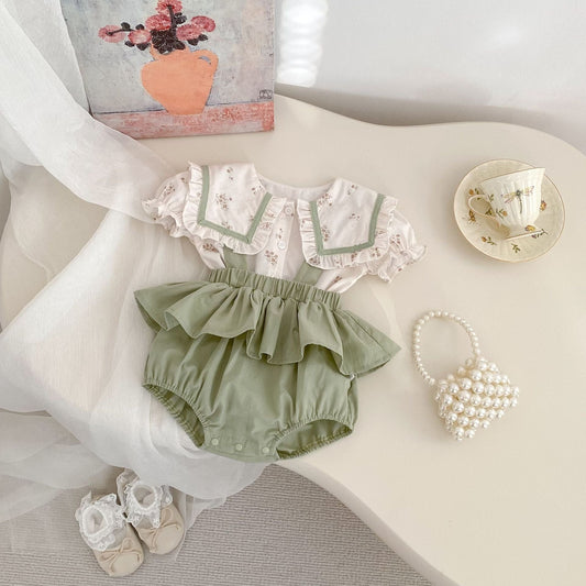 半袖セットアップ ビッグ襟半袖ブラウス+サスペンダーブルマセットアップ 2点セット【mh0009713】