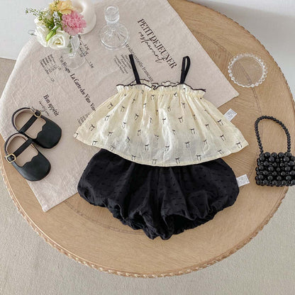 ノースリーブセットアップ リボンプリントキャミソール+バルーンショートパンツセットアップ 2点セット【mh0009755】