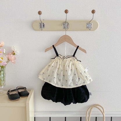 ノースリーブセットアップ リボンプリントキャミソール+バルーンショートパンツセットアップ 2点セット【mh0009755】