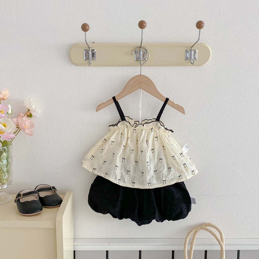 ノースリーブセットアップ リボンプリントキャミソール+バルーンショートパンツセットアップ 2点セット【mh0009755】