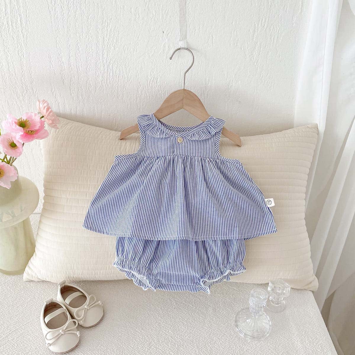 ノースリーブセットアップ ストライプ丸襟ノースリーブブラウス+フリルブルマパンツセットアップ 2点セット【mh0009762】