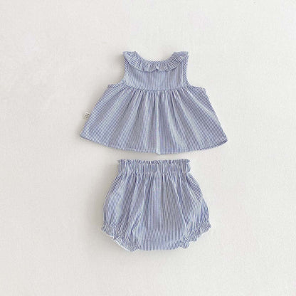 ノースリーブセットアップ ストライプ丸襟ノースリーブブラウス+フリルブルマパンツセットアップ 2点セット【mh0009762】