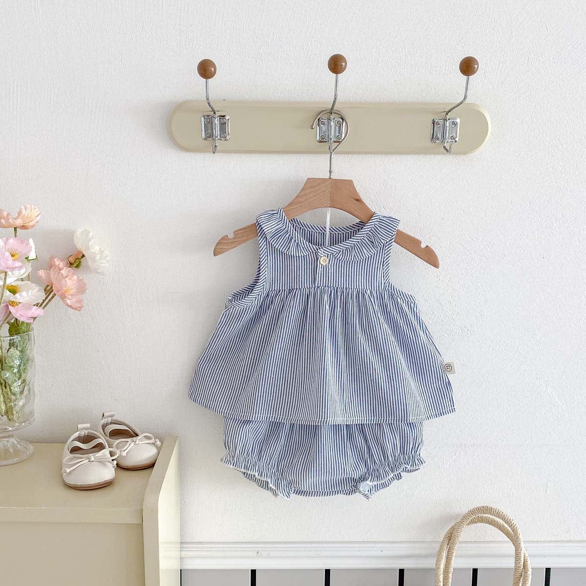 ノースリーブセットアップ ストライプ丸襟ノースリーブブラウス+フリルブルマパンツセットアップ 2点セット【mh0009762】