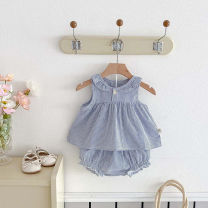 ノースリーブセットアップ ストライプ丸襟ノースリーブブラウス+フリルブルマパンツセットアップ 2点セット【mh0009762】