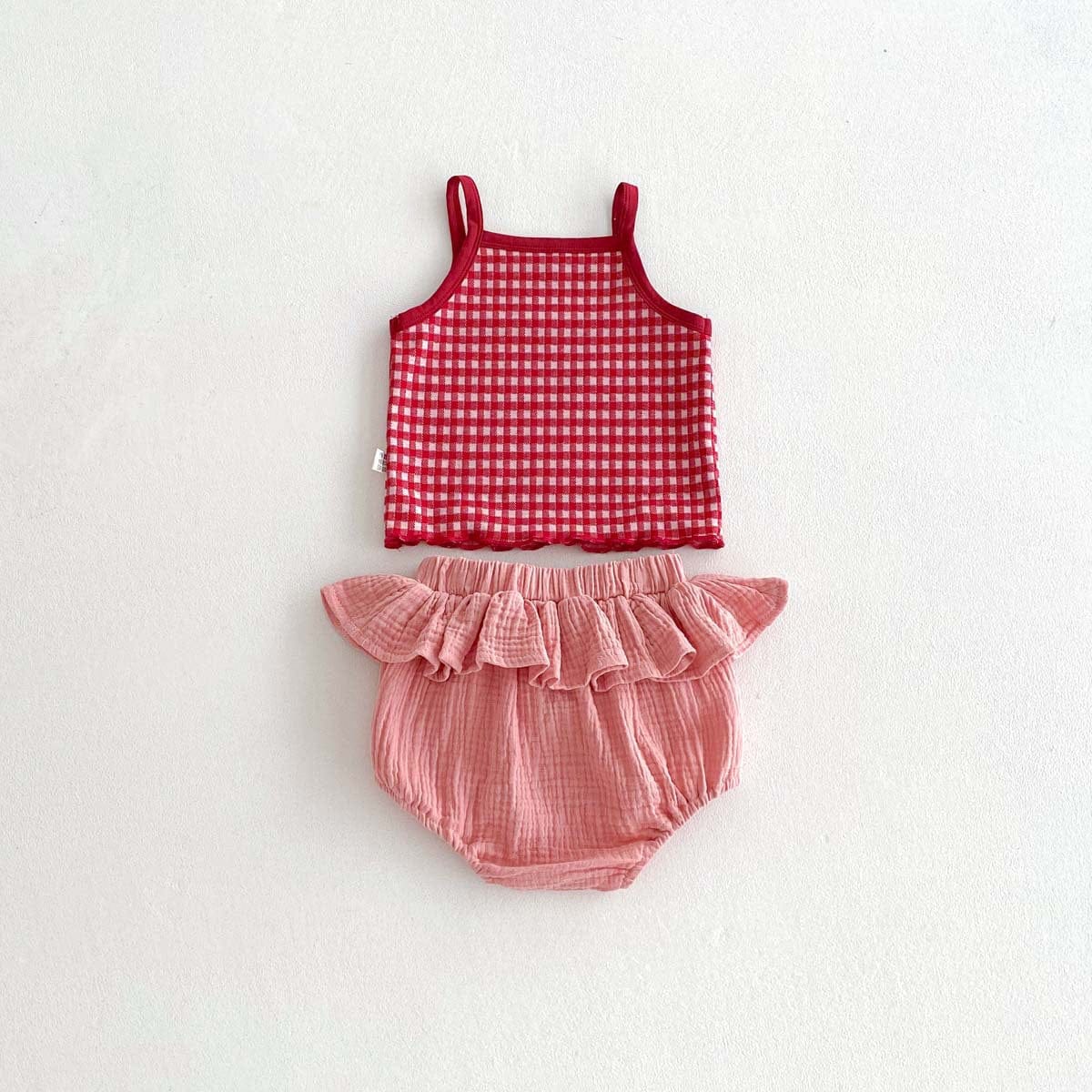 ノースリーブセットアップ チェックキャミソールトップス+フラワーアップリケフリルブルマパンツセットアップ 2点セット【mh0009766】