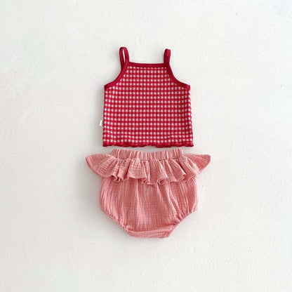 ノースリーブセットアップ チェックキャミソールトップス+フラワーアップリケフリルブルマパンツセットアップ 2点セット【mh0009766】