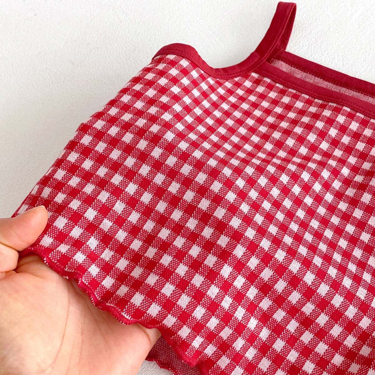 ノースリーブセットアップ チェックキャミソールトップス+フラワーアップリケフリルブルマパンツセットアップ 2点セット【mh0009766】