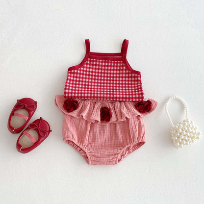 ノースリーブセットアップ チェックキャミソールトップス+フラワーアップリケフリルブルマパンツセットアップ 2点セット【mh0009766】