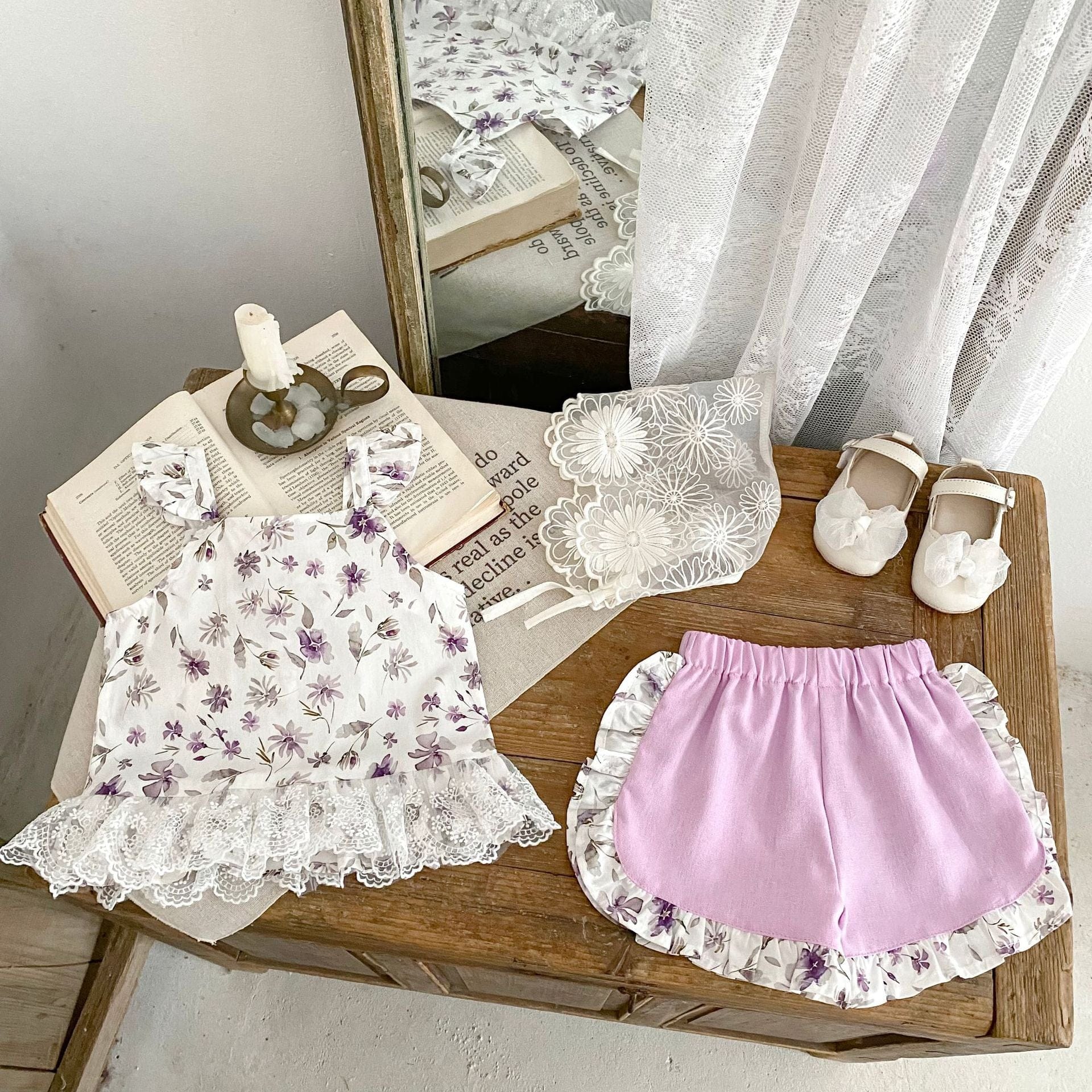 ノースリーブセットアップ 花柄プリントキャミソールブラウス+ショートパンツセットアップ 2点セット【mh0010160】