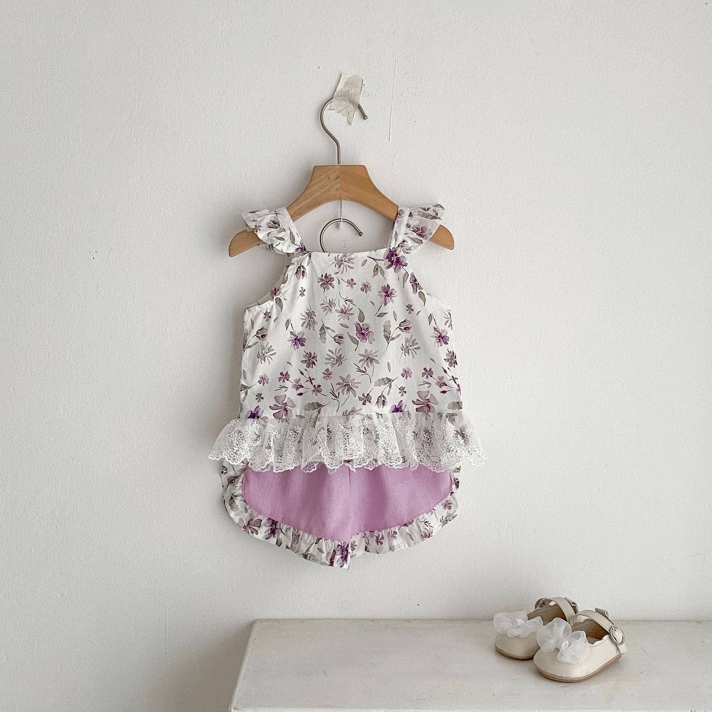 ノースリーブセットアップ 花柄プリントキャミソールブラウス+ショートパンツセットアップ 2点セット【mh0010160】