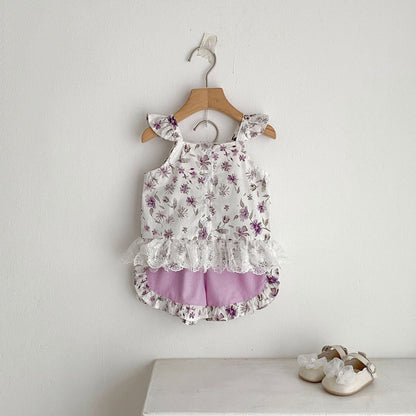 ノースリーブセットアップ 花柄プリントキャミソールブラウス+ショートパンツセットアップ 2点セット【mh0010160】