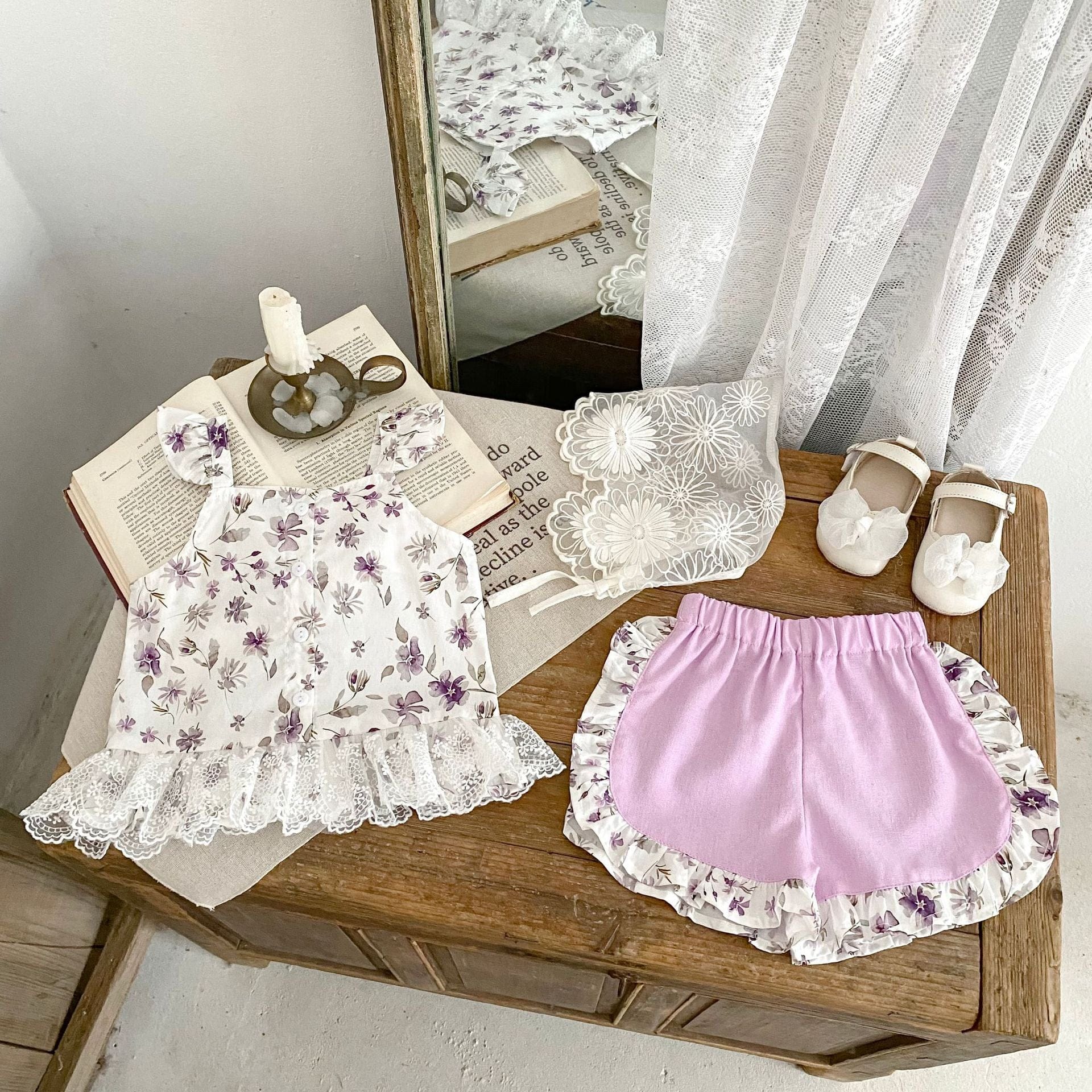 ノースリーブセットアップ 花柄プリントキャミソールブラウス+ショートパンツセットアップ 2点セット【mh0010160】