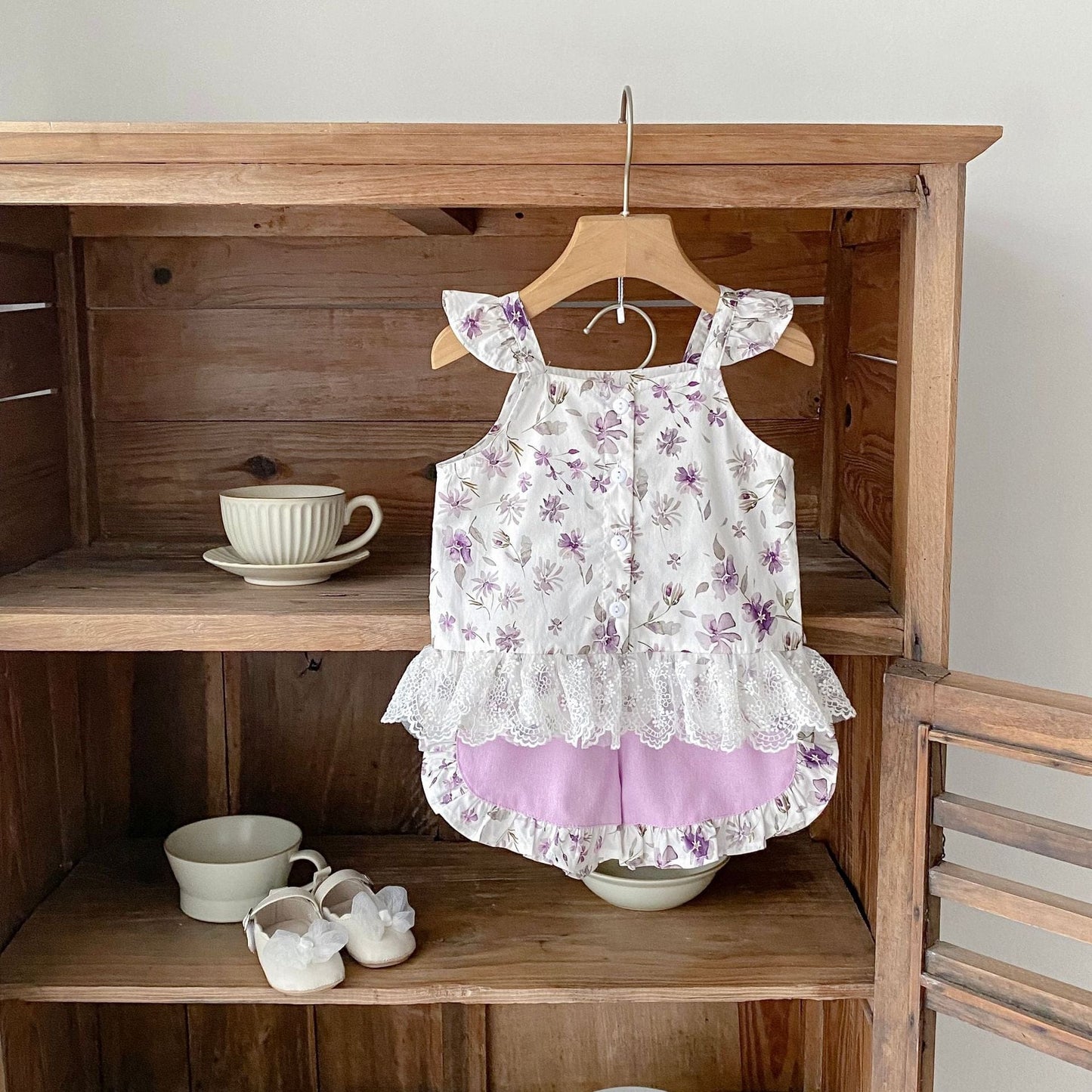 ノースリーブセットアップ 花柄プリントキャミソールブラウス+ショートパンツセットアップ 2点セット【mh0010160】