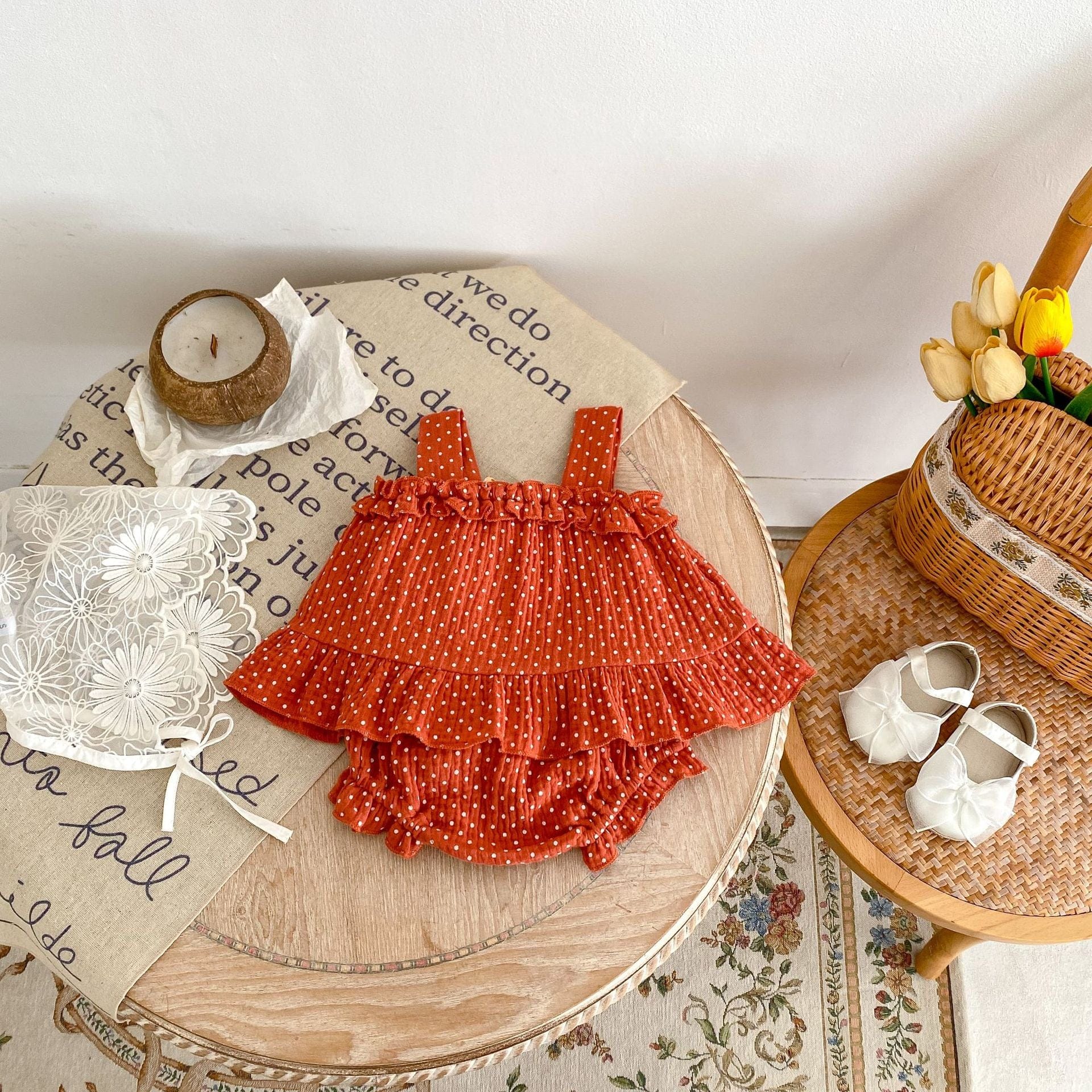 ノースリーブセットアップ ピンドットフラワーアクセントキャミソールトップス+ブルマパンツセットアップ 2点セット【mh0010165】